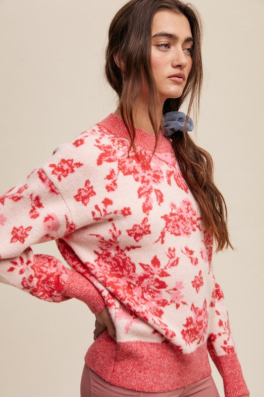 Floral Design Crew Neck Knit Sweater Pink