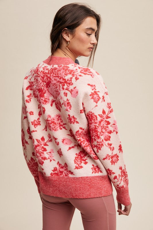 Floral Design Crew Neck Knit Sweater Pink