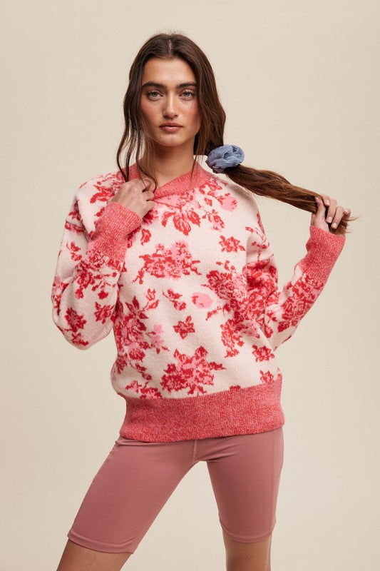 Floral Design Crew Neck Knit Sweater Pink