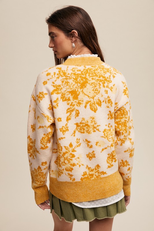 Floral Design Crew Neck Knit Sweater Yellow