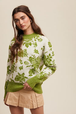 Floral Design Crew Neck Knit Sweater Green