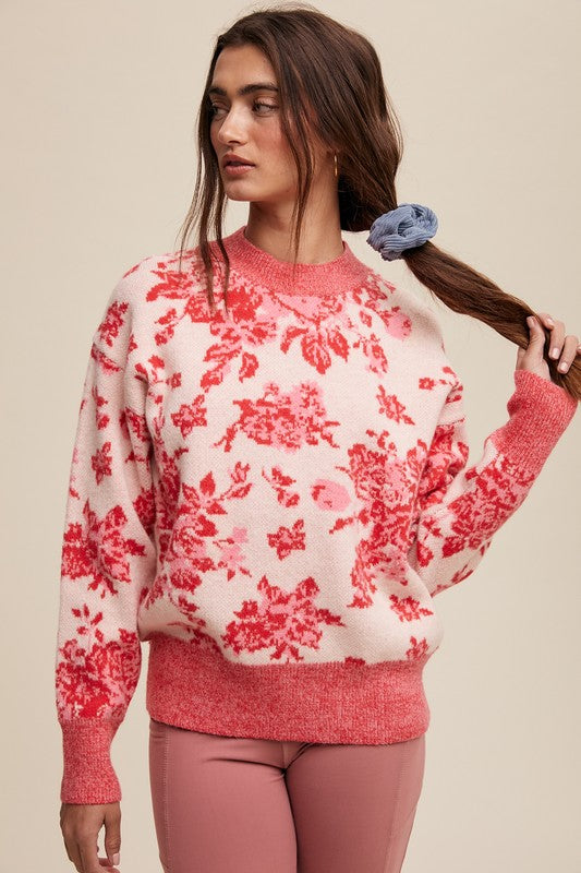 Floral Design Crew Neck Knit Sweater Pink