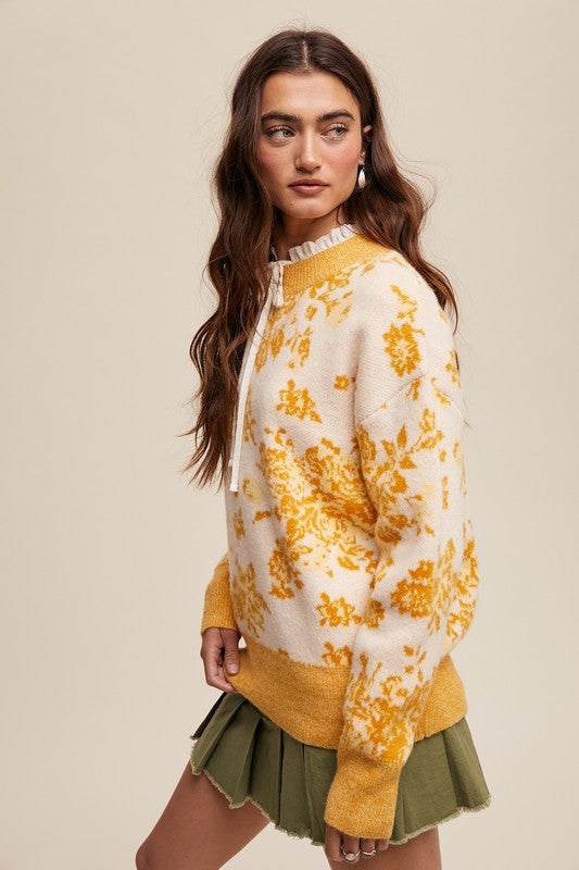 Floral Design Crew Neck Knit Sweater Yellow