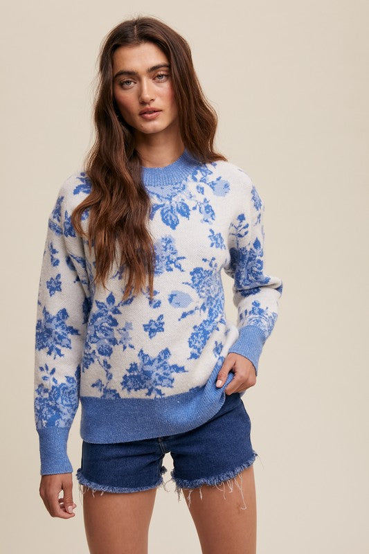 Floral Design Crew Neck Knit Sweater Blue