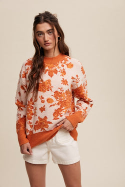 Floral Design Crew Neck Knit Sweater Orange