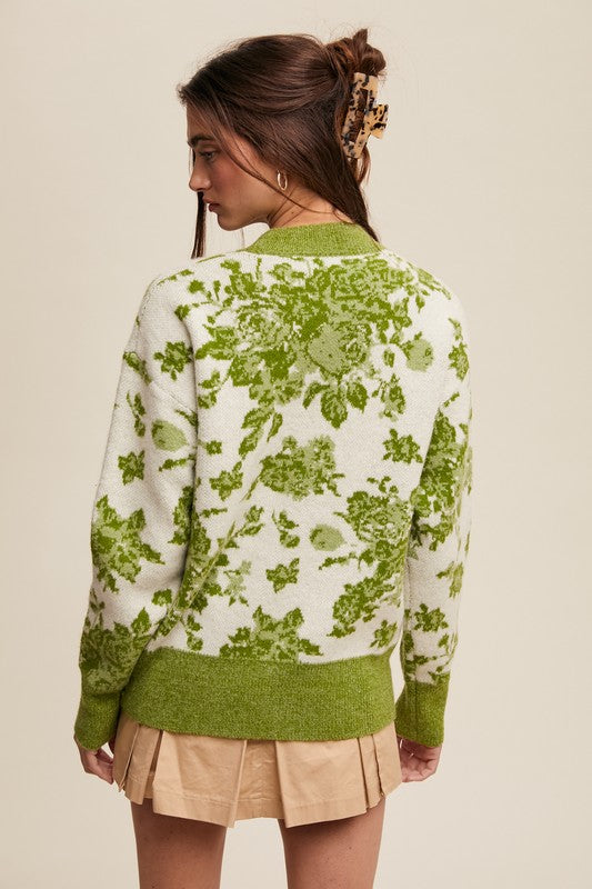 Floral Design Crew Neck Knit Sweater Green