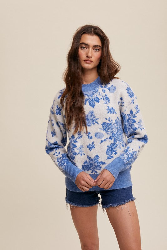 Floral Design Crew Neck Knit Sweater Blue