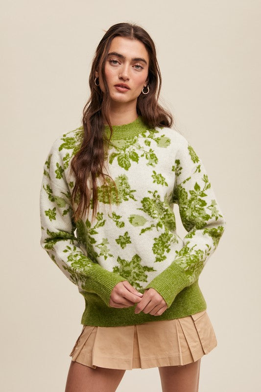 Floral Design Crew Neck Knit Sweater Green