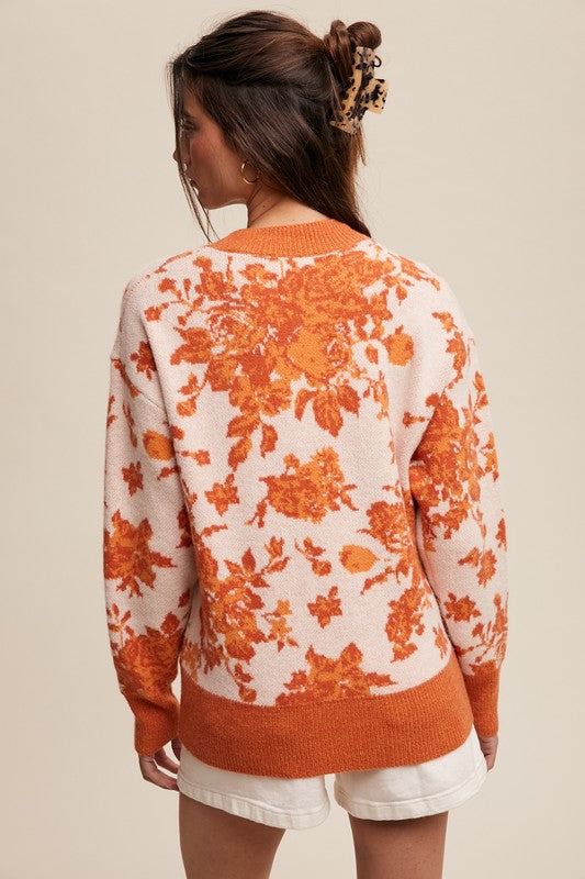 Floral Design Crew Neck Knit Sweater Orange