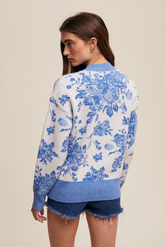 Floral Design Crew Neck Knit Sweater Blue