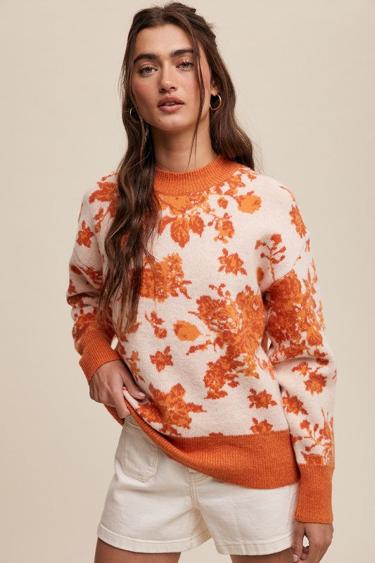 Floral Design Crew Neck Knit Sweater Orange