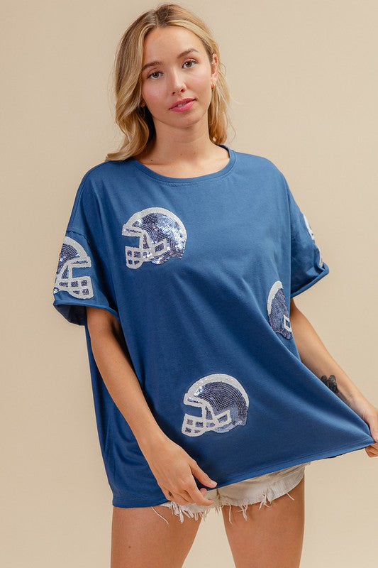 Sequin Football Helmet Patch Top Navy