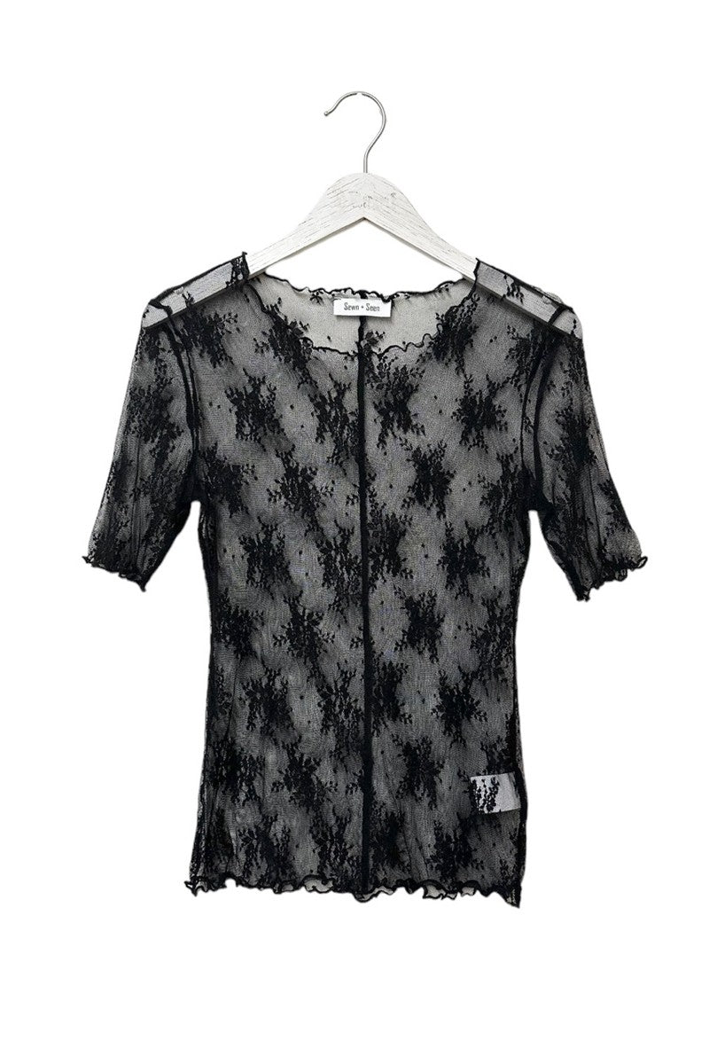 Short Sleeve Floral Lace Top Black