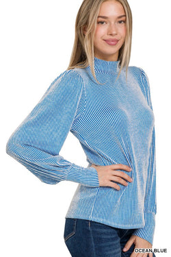 Striped Puff Sleeve Mock Neck Top Ocean Blue