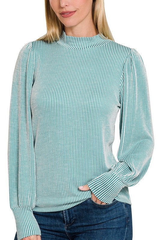 Striped Puff Sleeve Mock Neck Top Teal