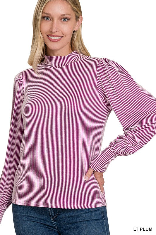 Striped Puff Sleeve Mock Neck Top Plum