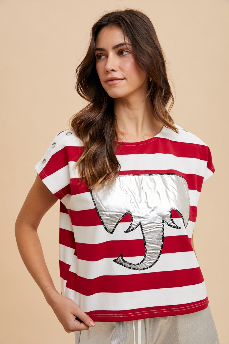 Foil Elephant Patch Stripe Knit Top Crimson