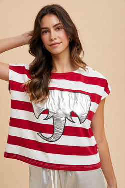 Foil Elephant Patch Stripe Knit Top Crimson