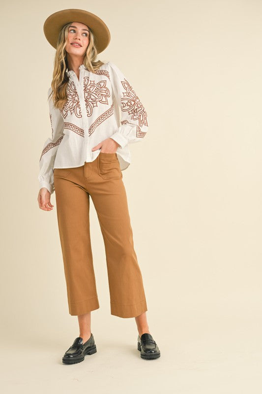 Embroidered Button Up Top Ivory