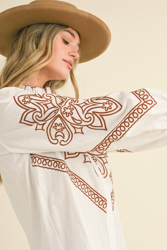 Embroidered Button Up Top Ivory