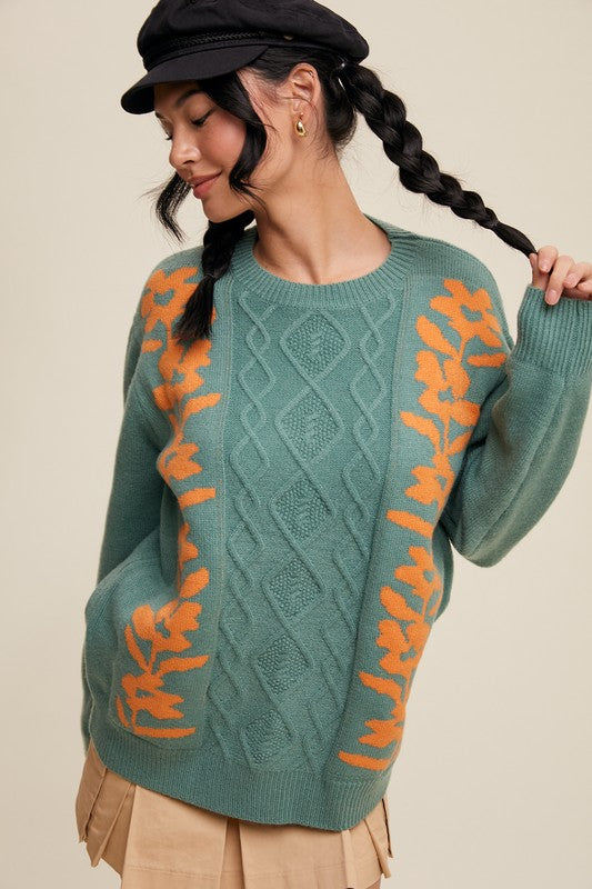 Flower Detailed Cable Knit Sweater Sagebrush