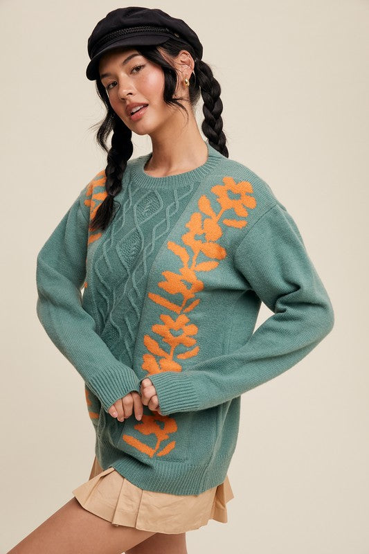 Flower Detailed Cable Knit Sweater Sagebrush