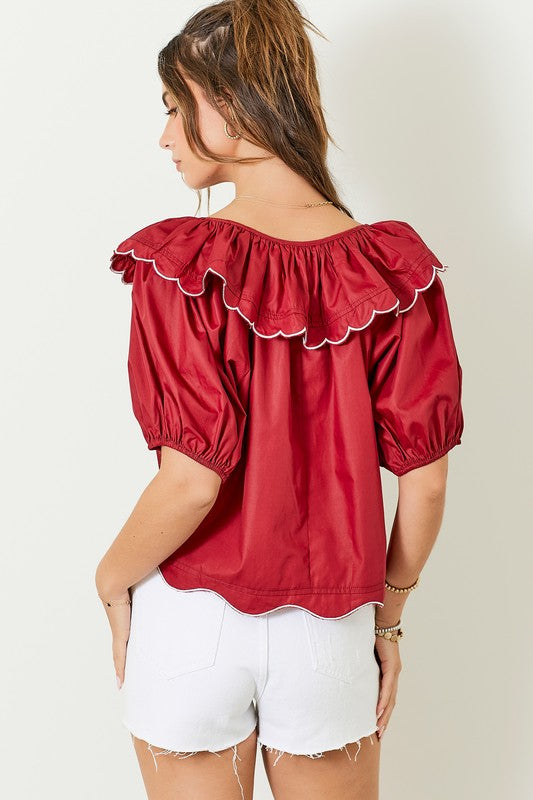 Scallop Hem Top Maroon/White