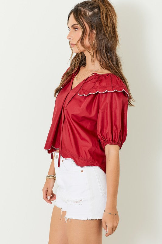 Scallop Hem Top Maroon/White