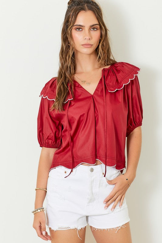 Scallop Hem Top Maroon/White