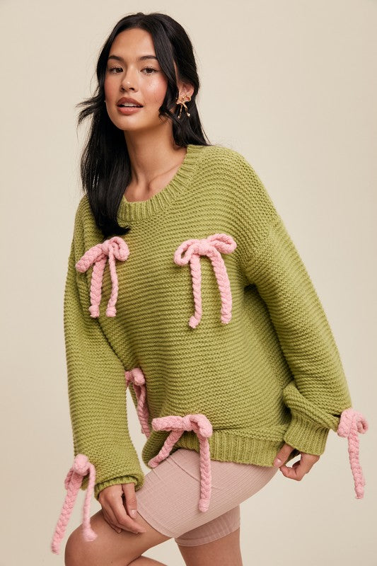 Bows All Over Chunky Knit Sweater Lemon Grass