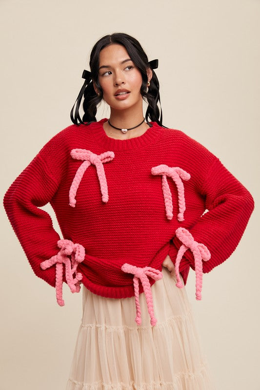 Bows All Over Chunky Knit Sweater Red