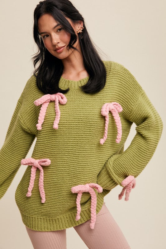 Bows All Over Chunky Knit Sweater Lemon Grass