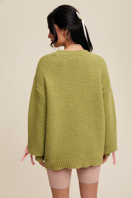 Bows All Over Chunky Knit Sweater Lemon Grass