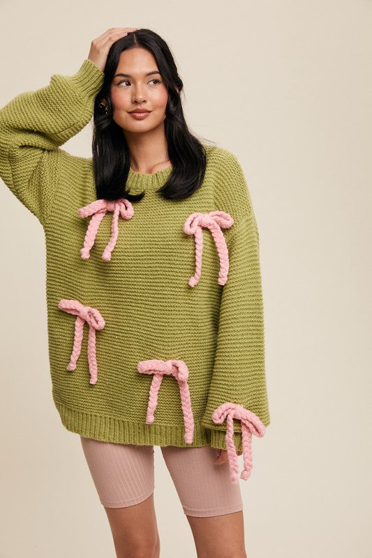 Bows All Over Chunky Knit Sweater Lemon Grass