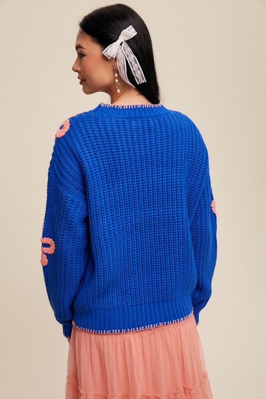 Flower Detail Ribbed Knit Chunky Sweater Blue