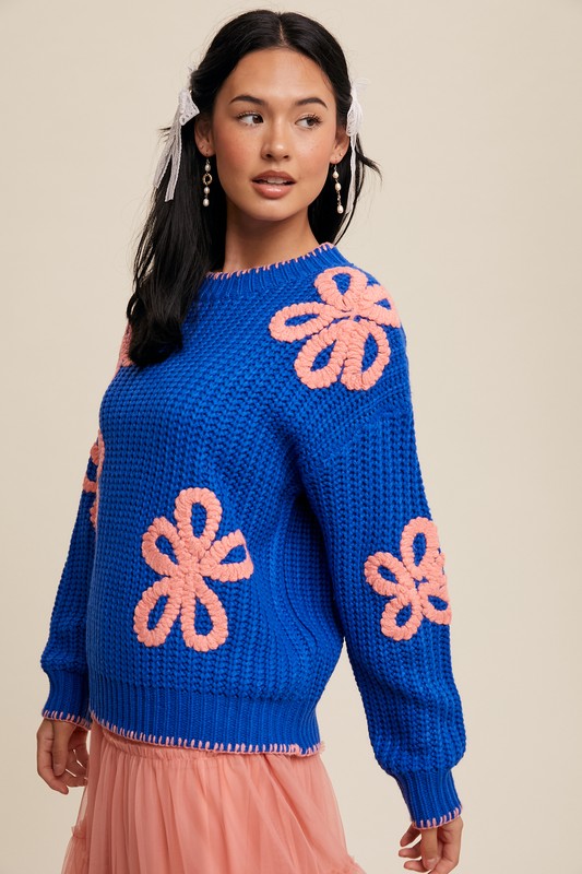 Flower Detail Ribbed Knit Chunky Sweater Blue