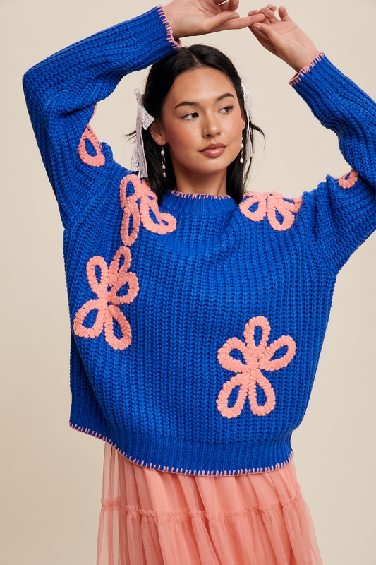 Flower Detail Ribbed Knit Chunky Sweater Blue