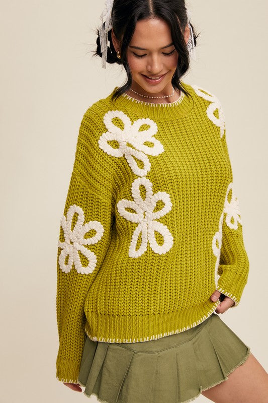 Flower Detail Ribbed Knit Chunky Sweater Pistachio