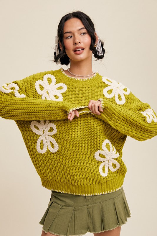 Flower Detail Ribbed Knit Chunky Sweater Pistachio