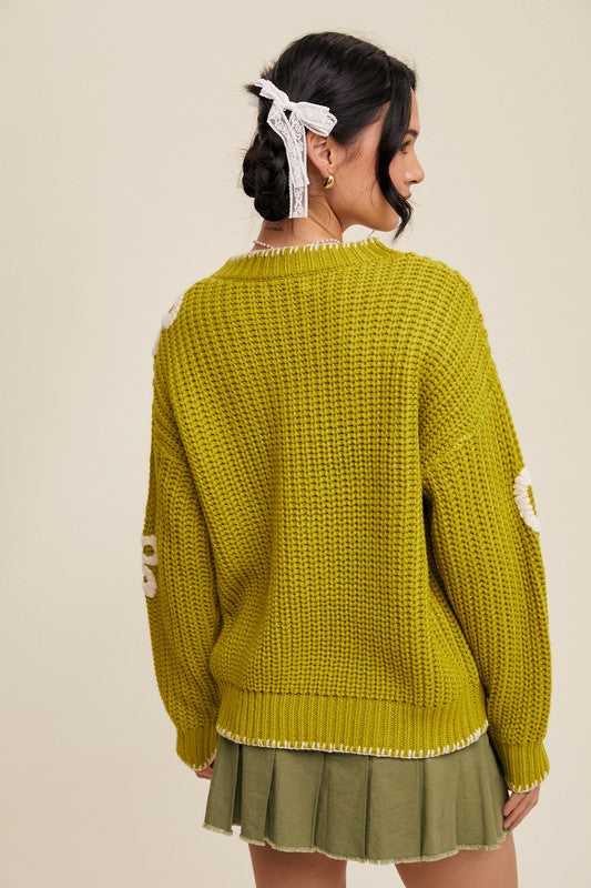 Flower Detail Ribbed Knit Chunky Sweater Pistachio