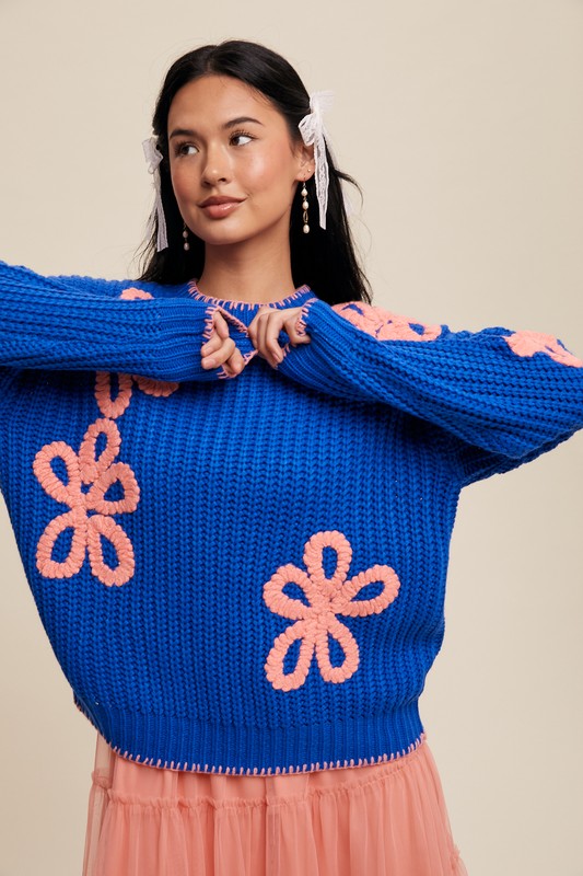 Flower Detail Ribbed Knit Chunky Sweater Blue