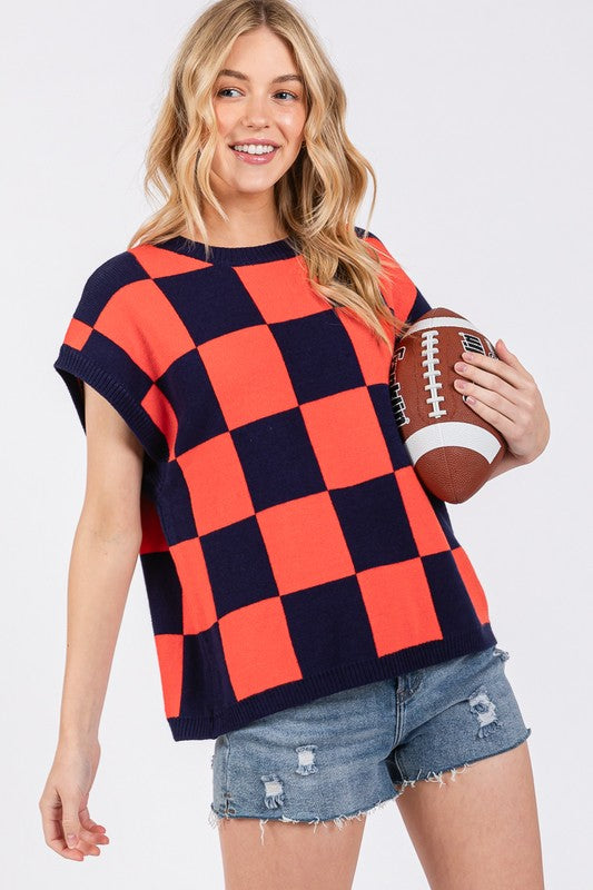 Gameday Checker Sweater Navy/Orange