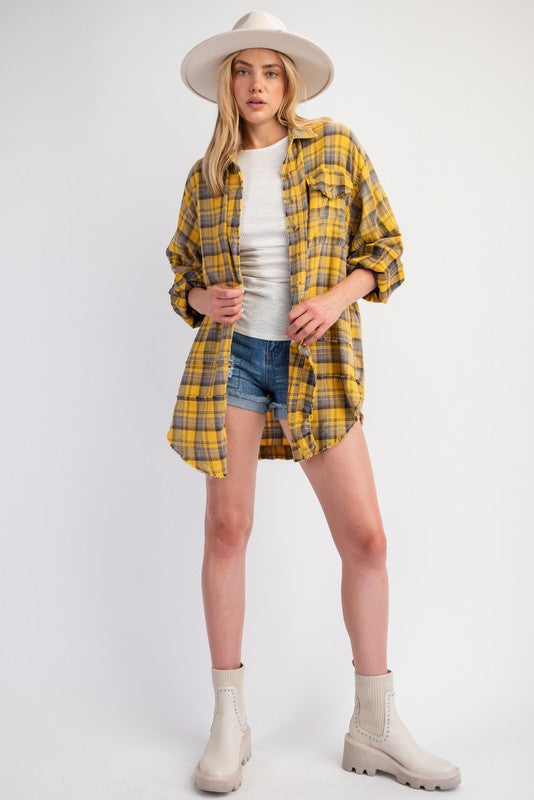 Mineral Washed Plaid Top Mustard