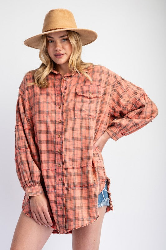 Mineral Washed Plaid Top Coral Cream