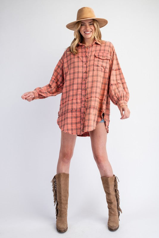 Mineral Washed Plaid Top Coral Cream