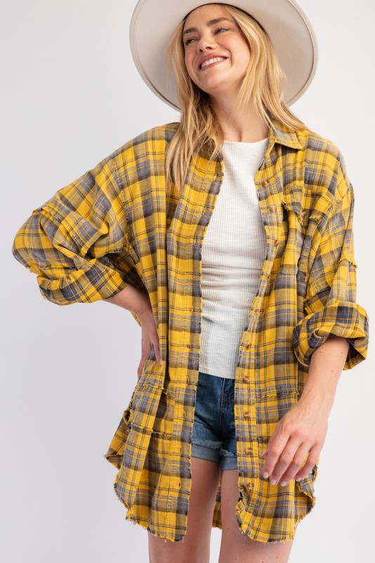 Mineral Washed Plaid Top Mustard