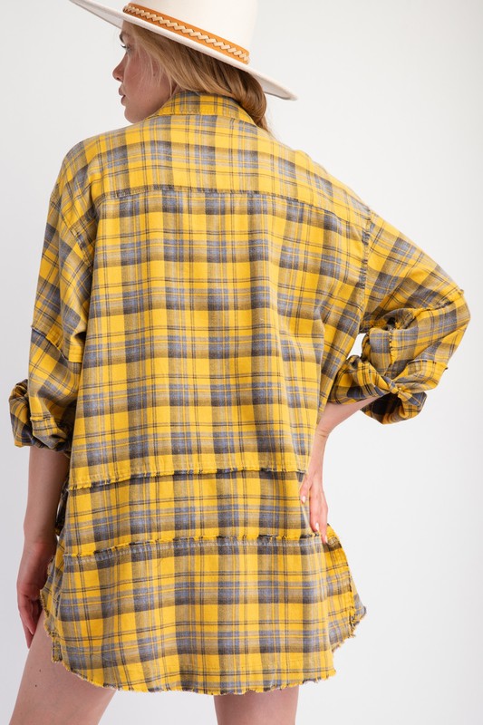 Mineral Washed Plaid Top Mustard