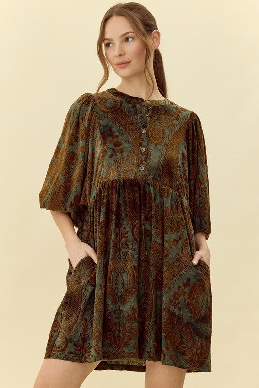 Velvet Jacquard Dress with Pockets Dusty Green