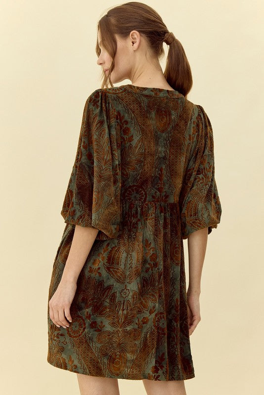 Velvet Jacquard Dress with Pockets Dusty Green