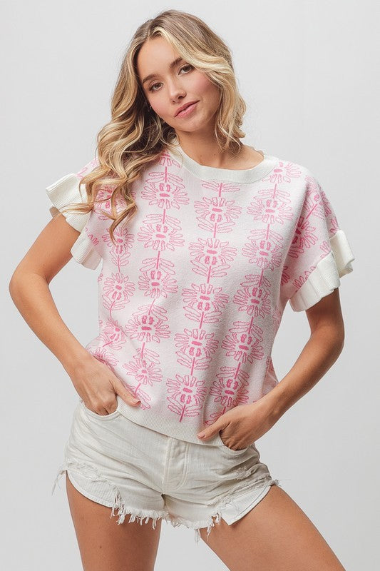 Flower Pattern Ruffled Sweater Top Ivory/Fuchsia